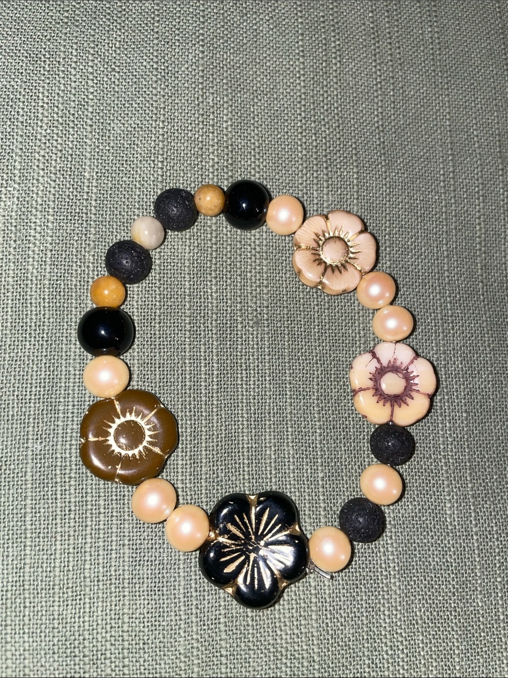 Beaded Floral Stretch Bracelet - Black, Cream, Gold Tones